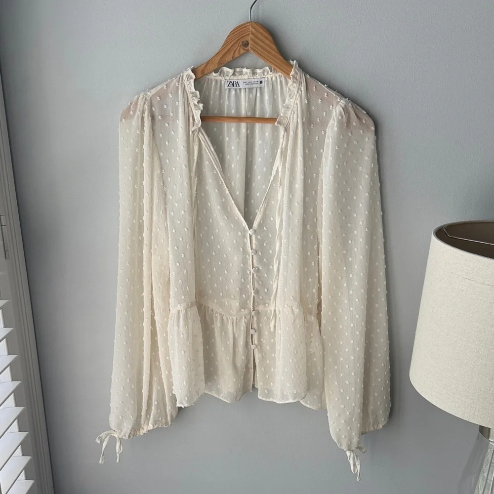 Zara Swiss Dot Sheer Button Down Blouse - Picture 4 of 11